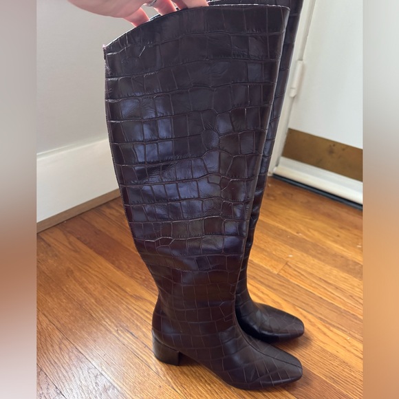 New! $833 Sigerson Morrison Brown Red Knee High Croc Leather‎ block heel boots - Picture 6 of 10